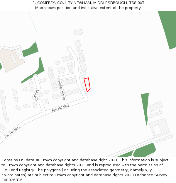 1, COMFREY, COULBY NEWHAM, MIDDLESBROUGH, TS8 0XT: Location map and indicative extent of plot