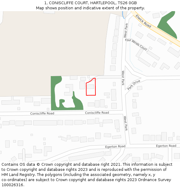 1, CONISCLIFFE COURT, HARTLEPOOL, TS26 0GB: Location map and indicative extent of plot