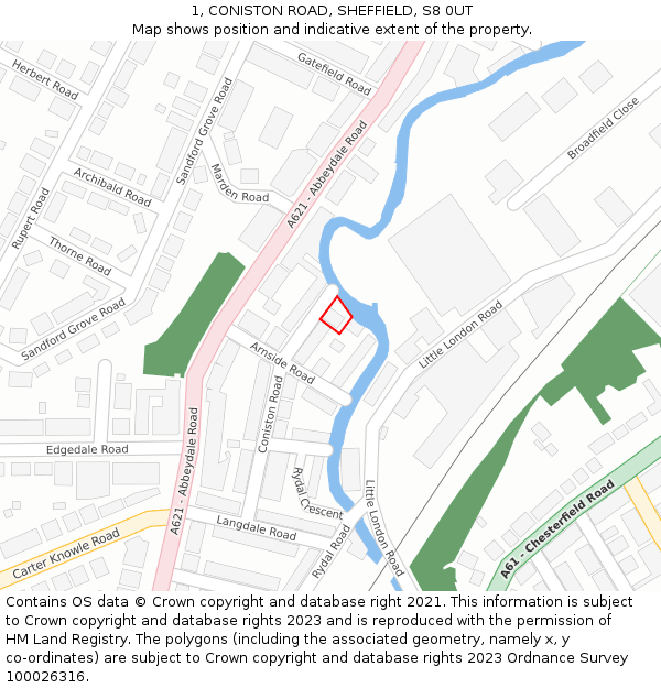 1, CONISTON ROAD, SHEFFIELD, S8 0UT: Location map and indicative extent of plot