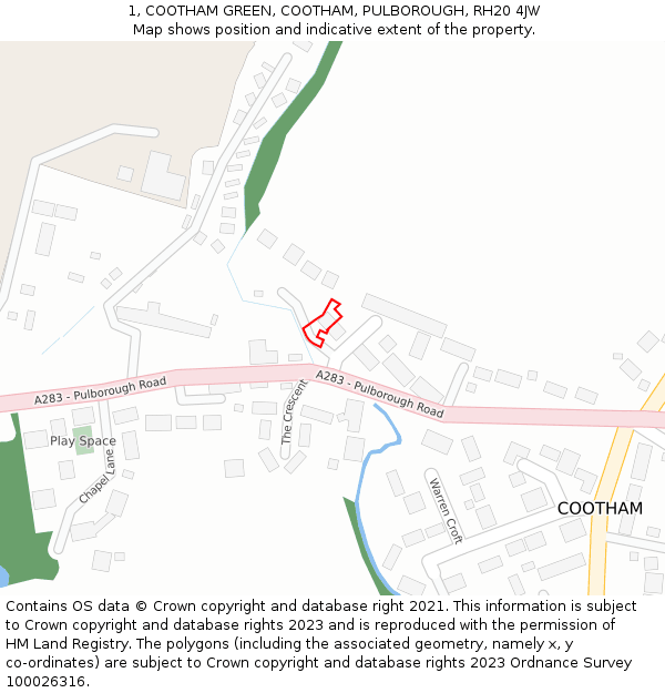 1, COOTHAM GREEN, COOTHAM, PULBOROUGH, RH20 4JW: Location map and indicative extent of plot