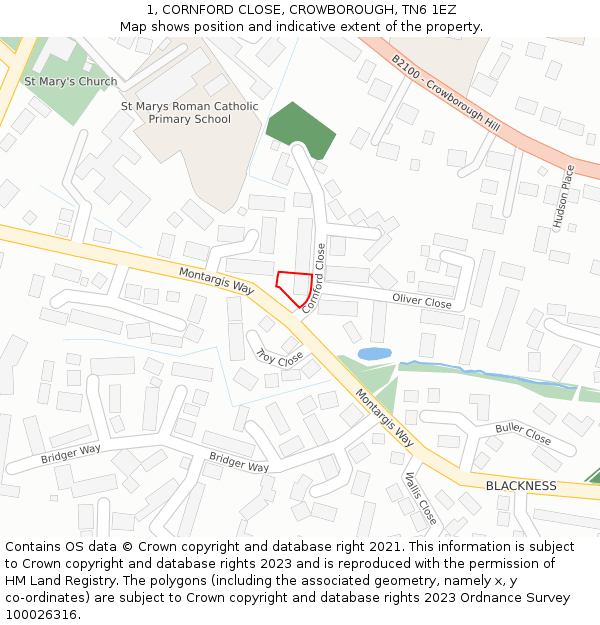 1, CORNFORD CLOSE, CROWBOROUGH, TN6 1EZ: Location map and indicative extent of plot