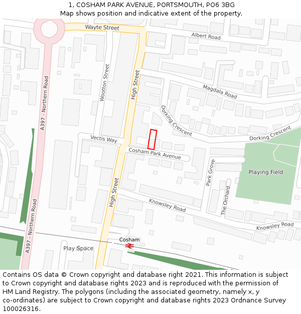 1, COSHAM PARK AVENUE, PORTSMOUTH, PO6 3BG: Location map and indicative extent of plot