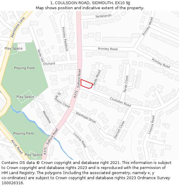 1, COULSDON ROAD, SIDMOUTH, EX10 9JJ: Location map and indicative extent of plot