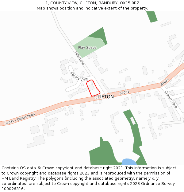 1, COUNTY VIEW, CLIFTON, BANBURY, OX15 0PZ: Location map and indicative extent of plot