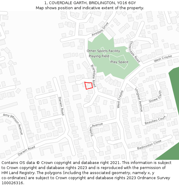 1, COVERDALE GARTH, BRIDLINGTON, YO16 6GY: Location map and indicative extent of plot