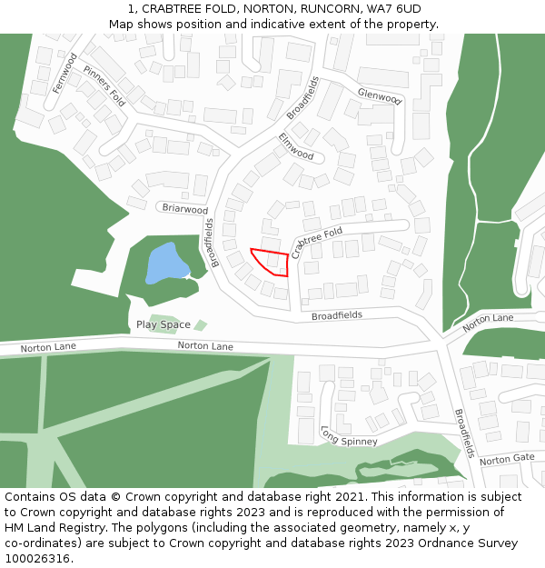 1, CRABTREE FOLD, NORTON, RUNCORN, WA7 6UD: Location map and indicative extent of plot