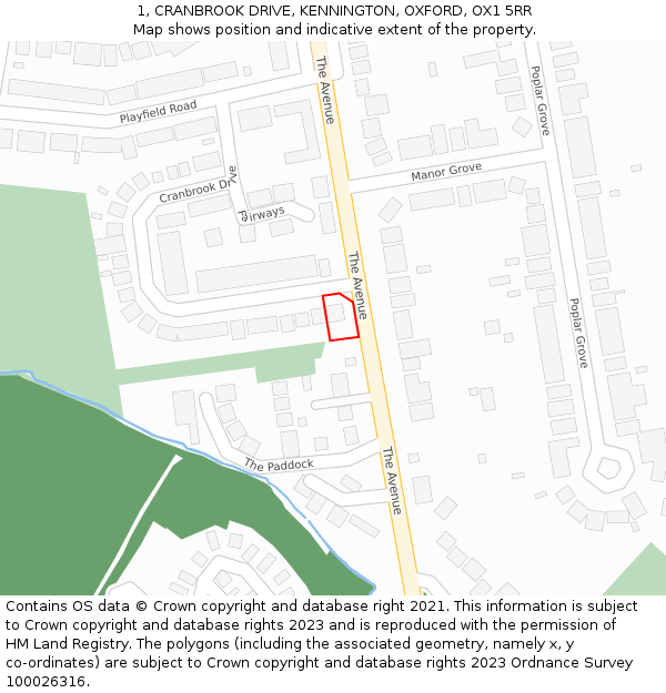 1, CRANBROOK DRIVE, KENNINGTON, OXFORD, OX1 5RR: Location map and indicative extent of plot