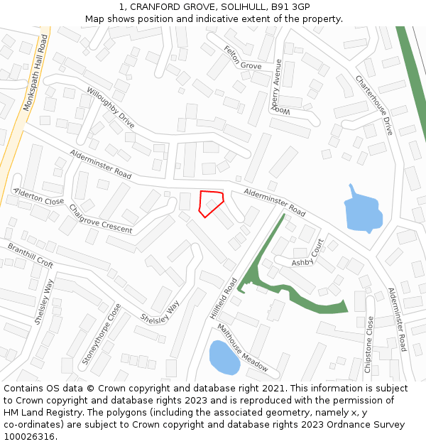 1, CRANFORD GROVE, SOLIHULL, B91 3GP: Location map and indicative extent of plot