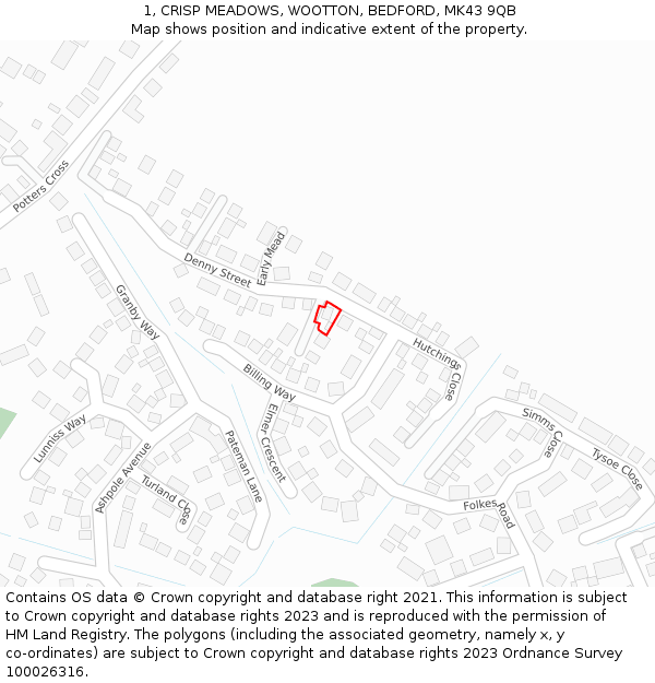 1, CRISP MEADOWS, WOOTTON, BEDFORD, MK43 9QB: Location map and indicative extent of plot