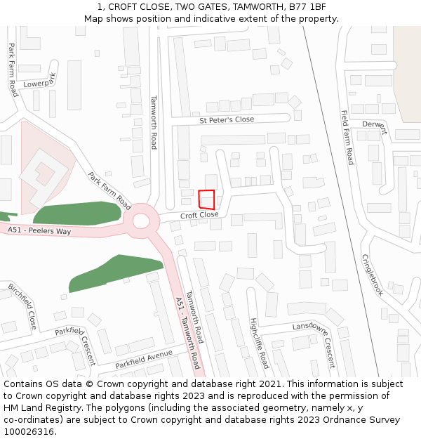 1, CROFT CLOSE, TWO GATES, TAMWORTH, B77 1BF: Location map and indicative extent of plot