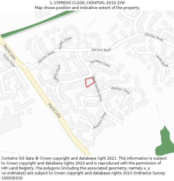 1, CYPRESS CLOSE, HONITON, EX14 2YW: Location map and indicative extent of plot