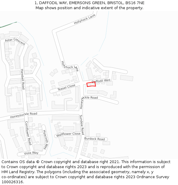 1, DAFFODIL WAY, EMERSONS GREEN, BRISTOL, BS16 7NE: Location map and indicative extent of plot