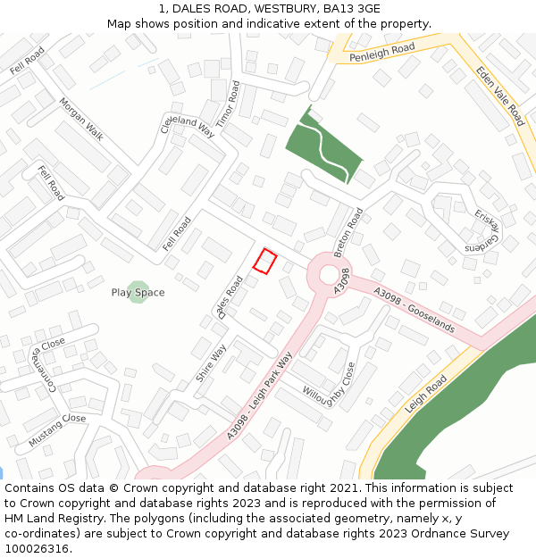 1, DALES ROAD, WESTBURY, BA13 3GE: Location map and indicative extent of plot