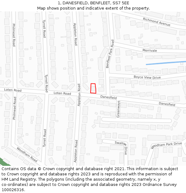 1, DANESFIELD, BENFLEET, SS7 5EE: Location map and indicative extent of plot