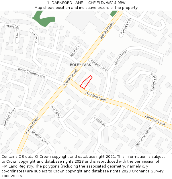 1, DARNFORD LANE, LICHFIELD, WS14 9RW: Location map and indicative extent of plot