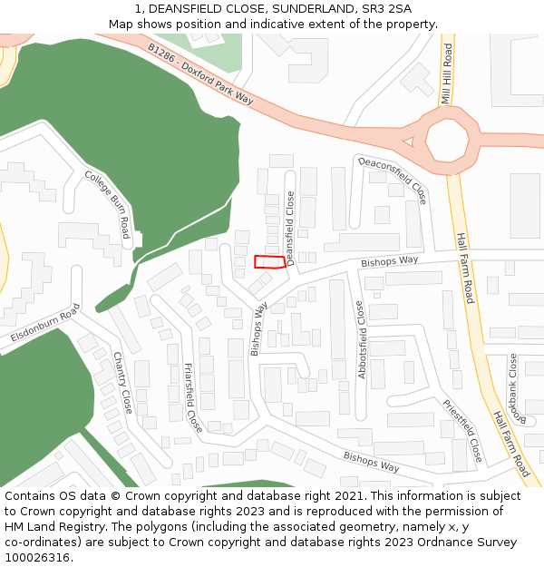 1, DEANSFIELD CLOSE, SUNDERLAND, SR3 2SA: Location map and indicative extent of plot