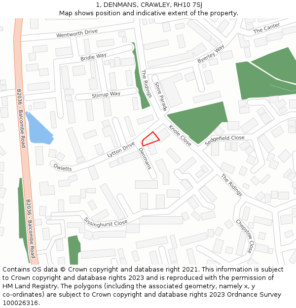 1, DENMANS, CRAWLEY, RH10 7SJ: Location map and indicative extent of plot