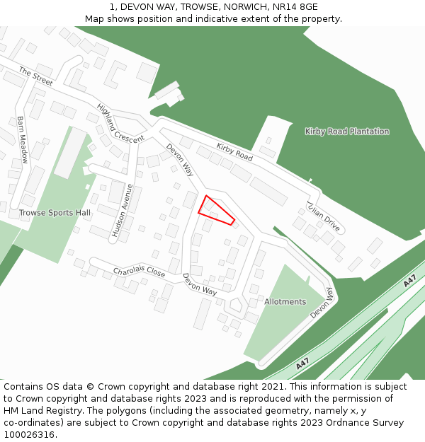 1, DEVON WAY, TROWSE, NORWICH, NR14 8GE: Location map and indicative extent of plot