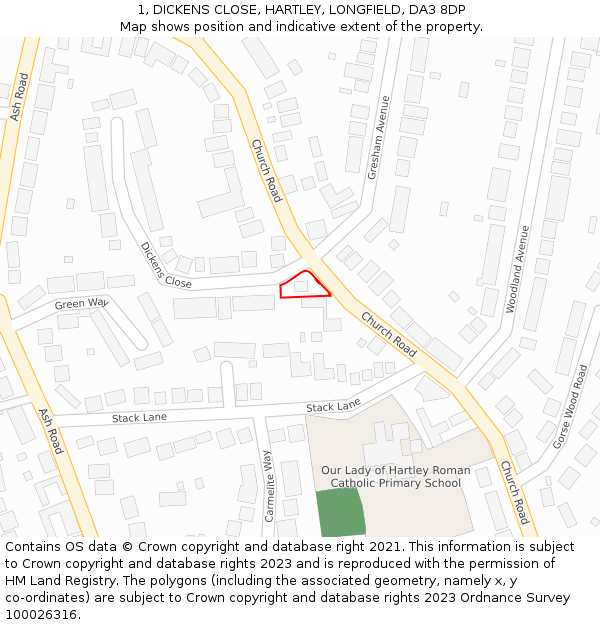 1, DICKENS CLOSE, HARTLEY, LONGFIELD, DA3 8DP: Location map and indicative extent of plot