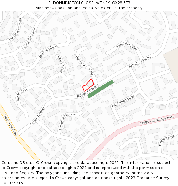 1, DONNINGTON CLOSE, WITNEY, OX28 5FR: Location map and indicative extent of plot