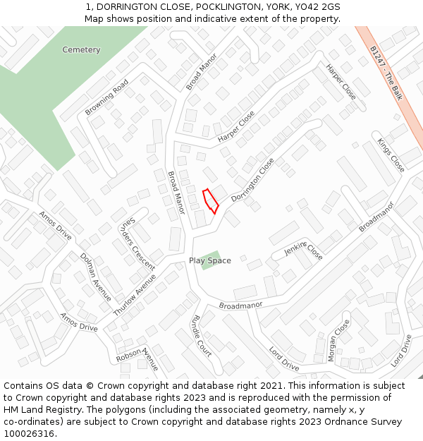 1, DORRINGTON CLOSE, POCKLINGTON, YORK, YO42 2GS: Location map and indicative extent of plot