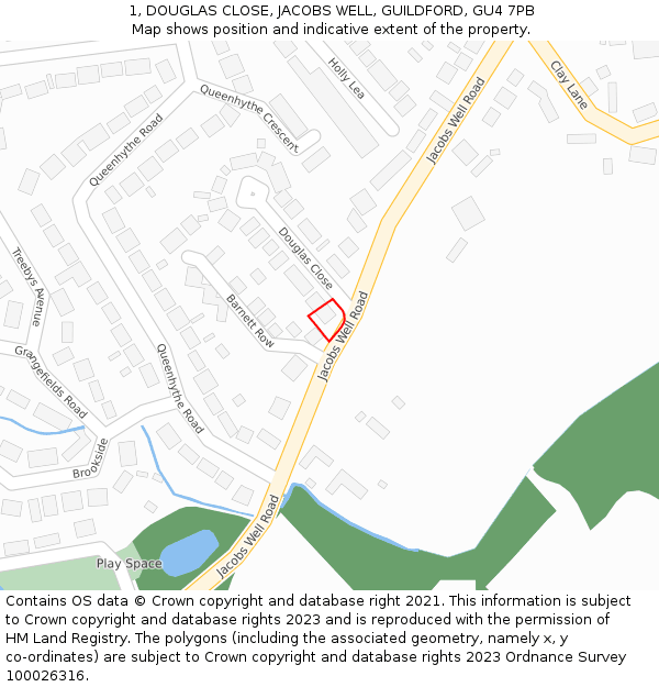 1, DOUGLAS CLOSE, JACOBS WELL, GUILDFORD, GU4 7PB: Location map and indicative extent of plot