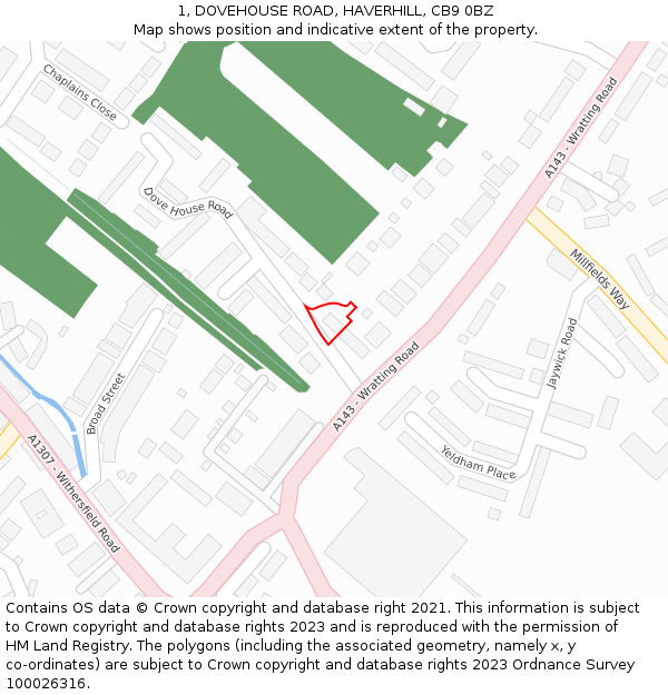 1, DOVEHOUSE ROAD, HAVERHILL, CB9 0BZ: Location map and indicative extent of plot