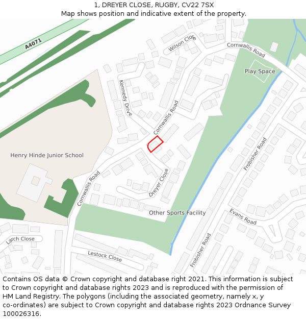 1, DREYER CLOSE, RUGBY, CV22 7SX: Location map and indicative extent of plot