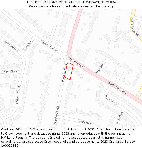 1, DUDSBURY ROAD, WEST PARLEY, FERNDOWN, BH22 8RA: Location map and indicative extent of plot