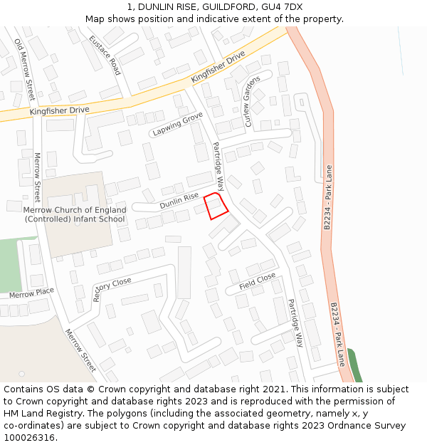 1, DUNLIN RISE, GUILDFORD, GU4 7DX: Location map and indicative extent of plot