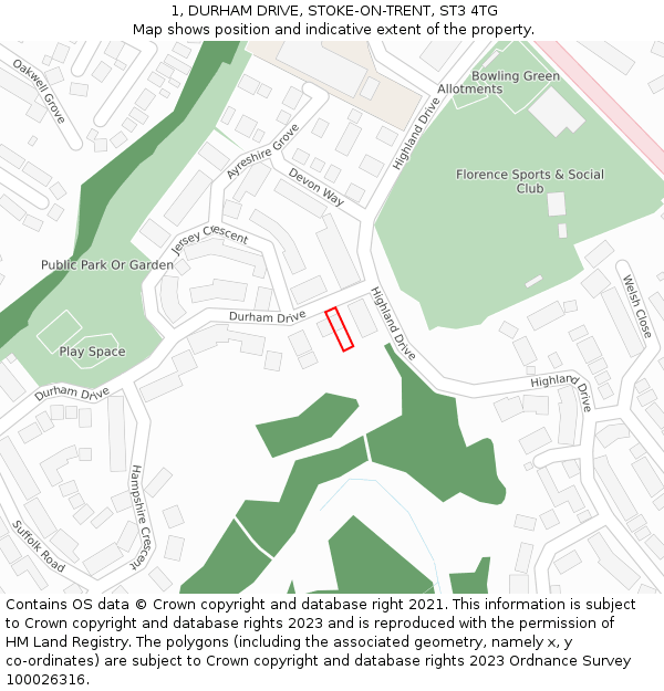 1, DURHAM DRIVE, STOKE-ON-TRENT, ST3 4TG: Location map and indicative extent of plot