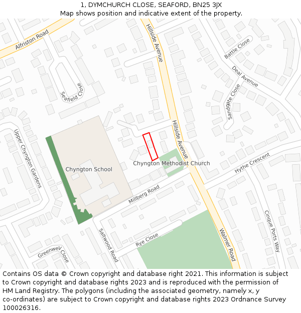 1, DYMCHURCH CLOSE, SEAFORD, BN25 3JX: Location map and indicative extent of plot