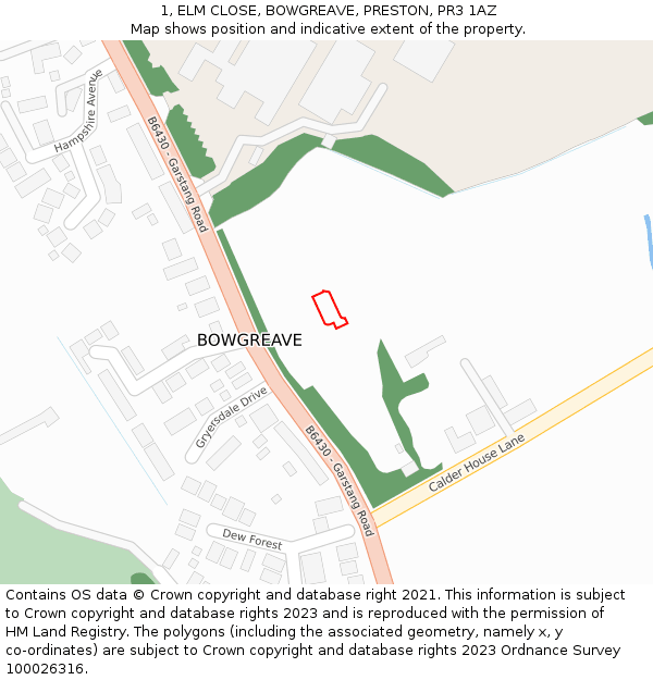 1, ELM CLOSE, BOWGREAVE, PRESTON, PR3 1AZ: Location map and indicative extent of plot