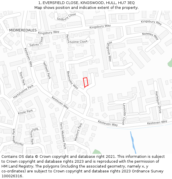 1, EVERSFIELD CLOSE, KINGSWOOD, HULL, HU7 3EQ: Location map and indicative extent of plot