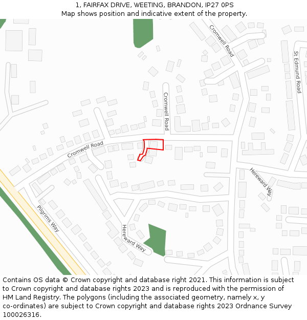 1, FAIRFAX DRIVE, WEETING, BRANDON, IP27 0PS: Location map and indicative extent of plot