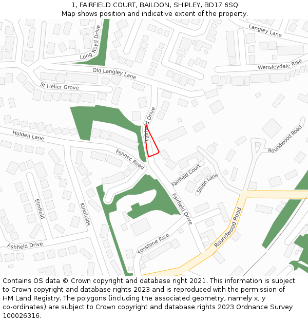 1, FAIRFIELD COURT, BAILDON, SHIPLEY, BD17 6SQ: Location map and indicative extent of plot