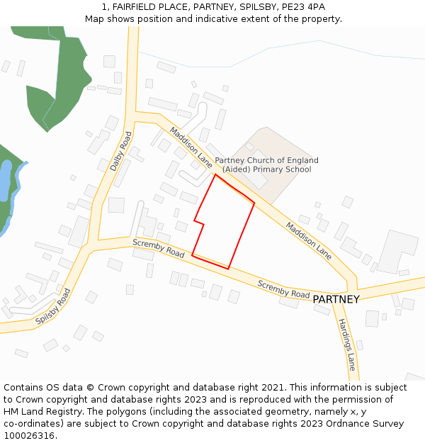 1, FAIRFIELD PLACE, PARTNEY, SPILSBY, PE23 4PA: Location map and indicative extent of plot