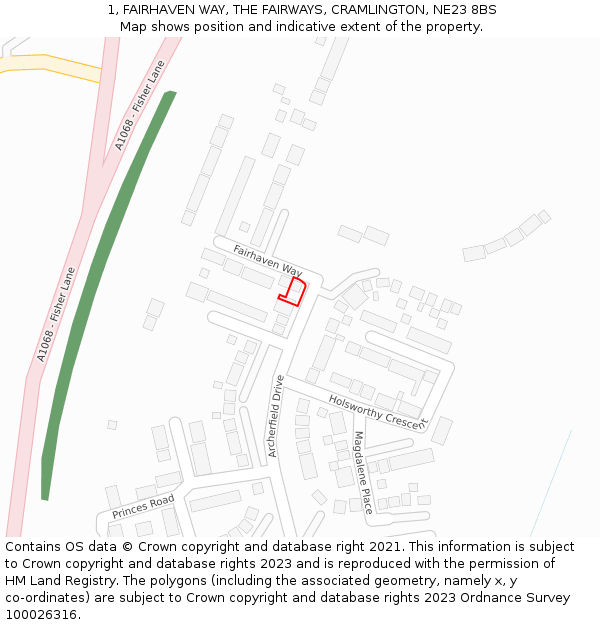 1, FAIRHAVEN WAY, THE FAIRWAYS, CRAMLINGTON, NE23 8BS: Location map and indicative extent of plot