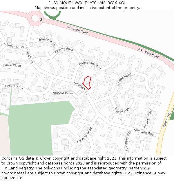 1, FALMOUTH WAY, THATCHAM, RG19 4GL: Location map and indicative extent of plot