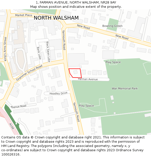 1, FARMAN AVENUE, NORTH WALSHAM, NR28 9AY: Location map and indicative extent of plot