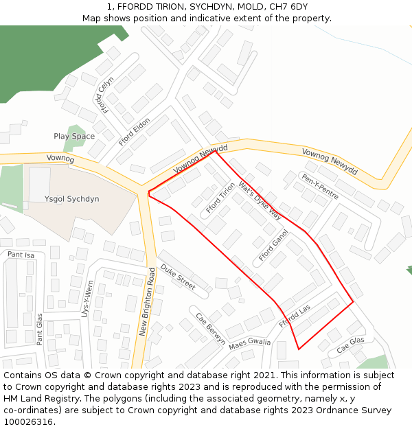 1, FFORDD TIRION, SYCHDYN, MOLD, CH7 6DY: Location map and indicative extent of plot