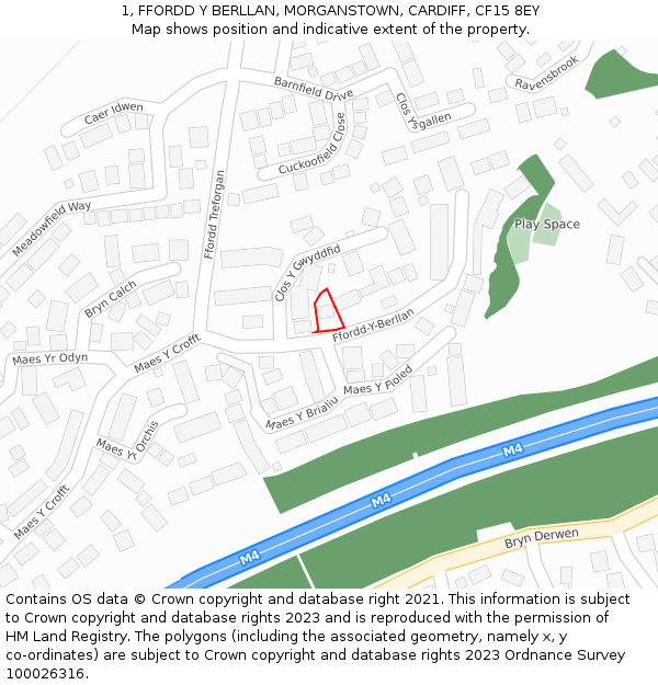 1, FFORDD Y BERLLAN, MORGANSTOWN, CARDIFF, CF15 8EY: Location map and indicative extent of plot