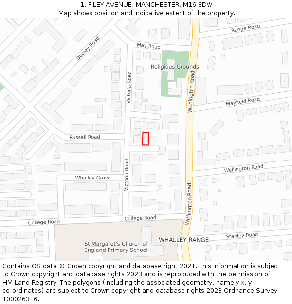 1, FILEY AVENUE, MANCHESTER, M16 8DW: Location map and indicative extent of plot