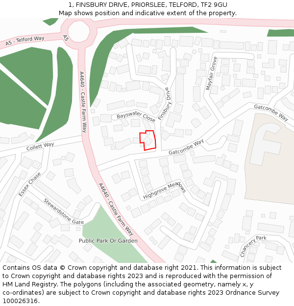 1, FINSBURY DRIVE, PRIORSLEE, TELFORD, TF2 9GU: Location map and indicative extent of plot