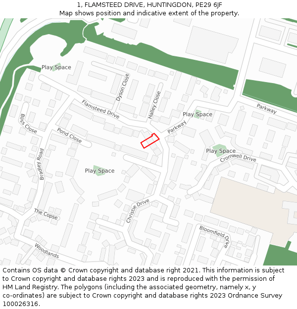 1, FLAMSTEED DRIVE, HUNTINGDON, PE29 6JF: Location map and indicative extent of plot