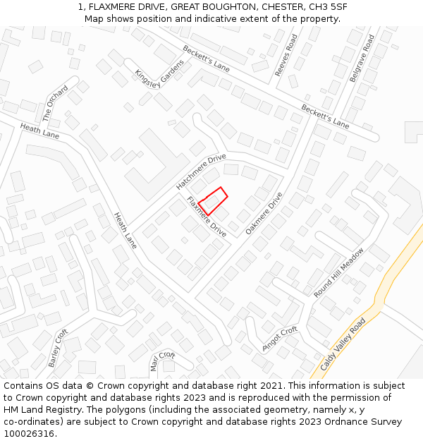 1, FLAXMERE DRIVE, GREAT BOUGHTON, CHESTER, CH3 5SF: Location map and indicative extent of plot