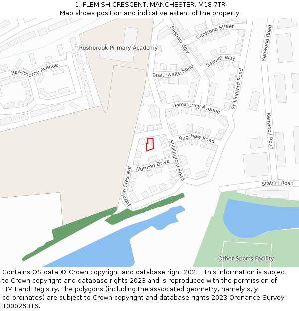 1, FLEMISH CRESCENT, MANCHESTER, M18 7TR: Location map and indicative extent of plot