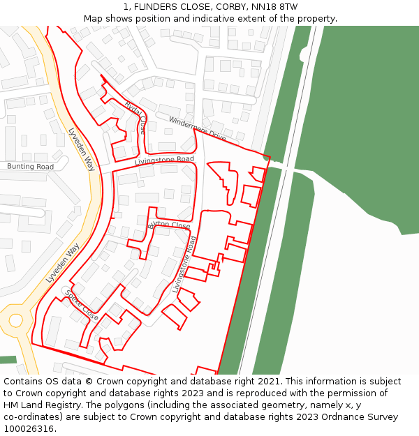 1, FLINDERS CLOSE, CORBY, NN18 8TW: Location map and indicative extent of plot