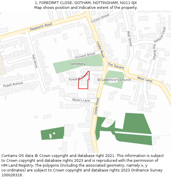 1, FOREDRIFT CLOSE, GOTHAM, NOTTINGHAM, NG11 0JX: Location map and indicative extent of plot