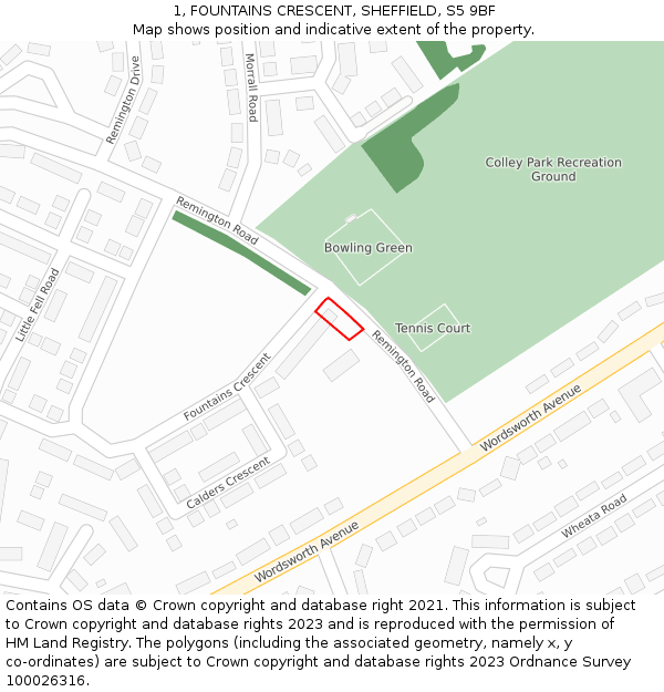 1, FOUNTAINS CRESCENT, SHEFFIELD, S5 9BF: Location map and indicative extent of plot